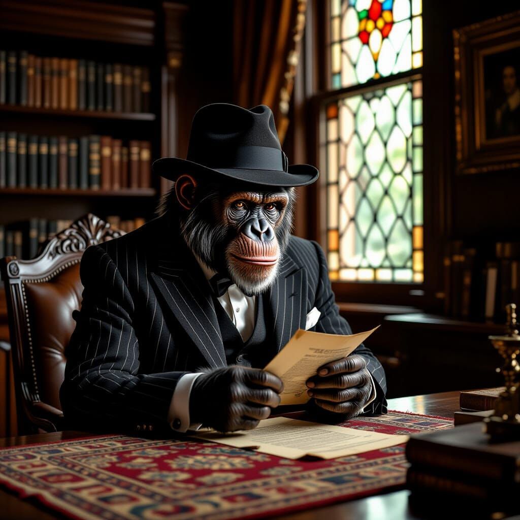Chimpanzee Detective Examines a Clue as Classic Portrait