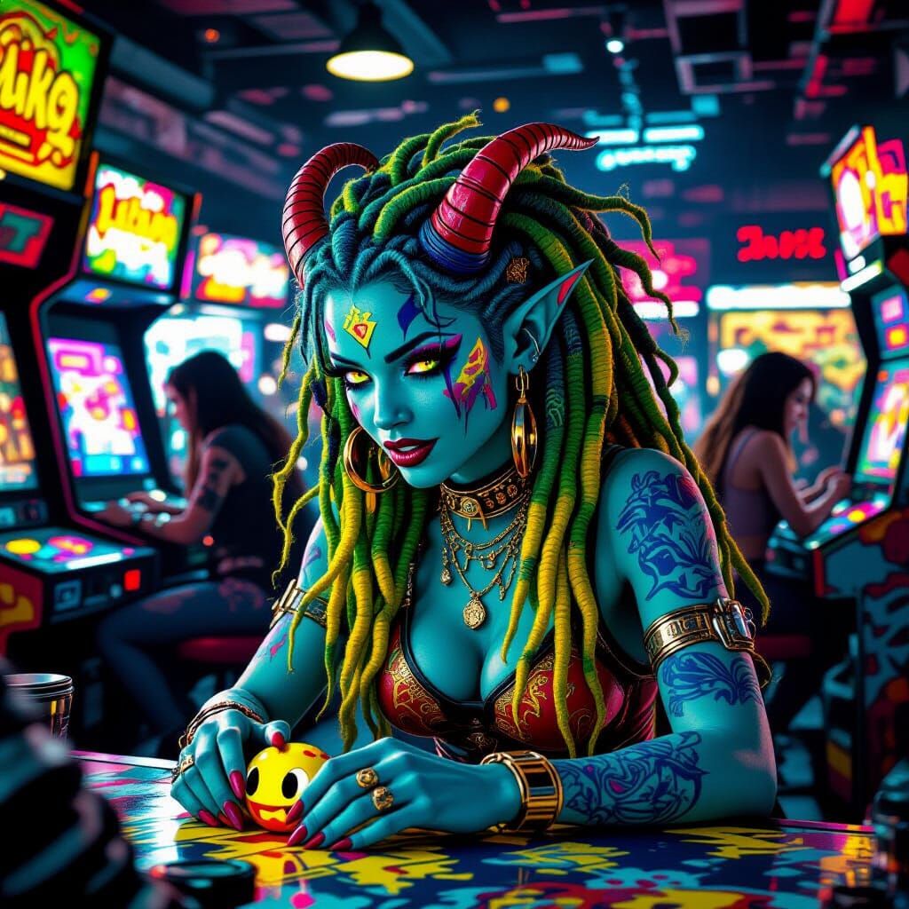 Blue Tiefling Plays Pac-Man in Vibrant Arcade