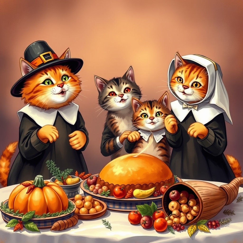 Pilgrim Cats Thanksgiving Feast Illustration