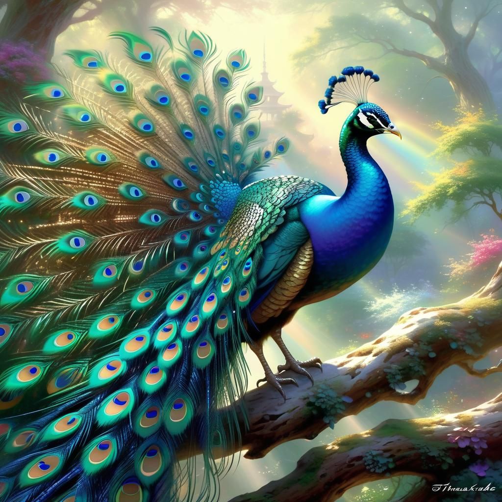 String Art Peacock with Dragon Fractal Feathers