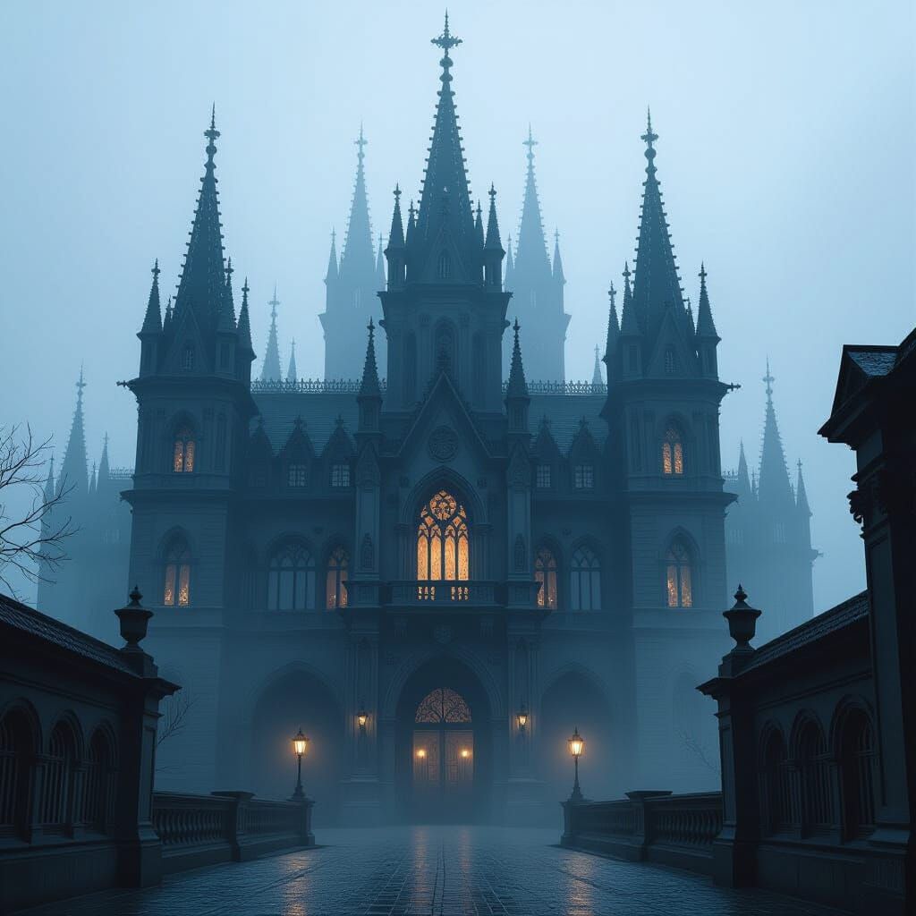 Gothic Palace in Fog, Dark Fantasy Architecture
