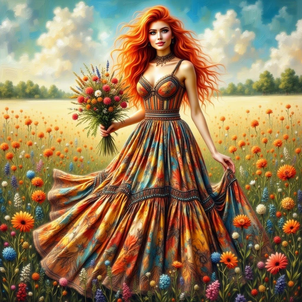 Redhead in Camouflage Dress in Summer Field