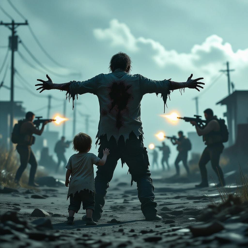 Post-Apocalyptic Zombie Protecting Child