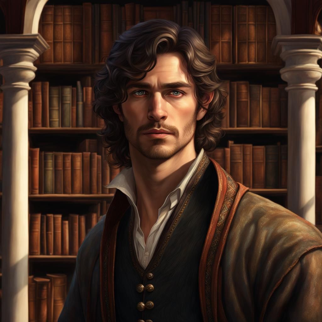 Tired Nerdy Man in Library: Digital Matte Painting