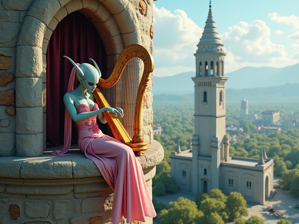 Alien Princess Plays Harp in Tower Window