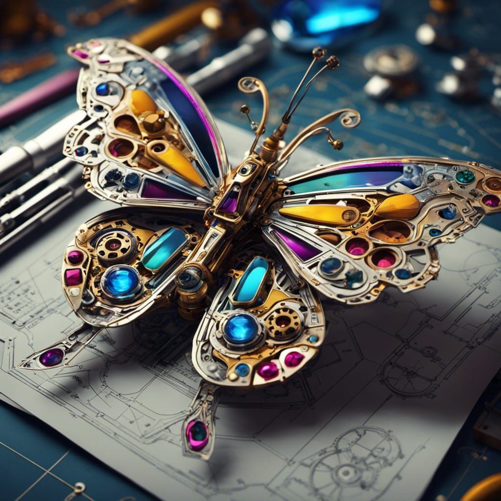 Mechanical Steampunk Butterfly Flying Over Blueprint