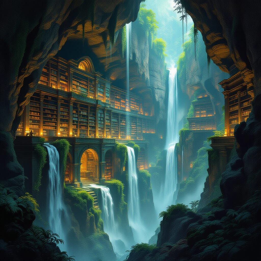 Ancient Cliffside Library of Glowing Scrolls