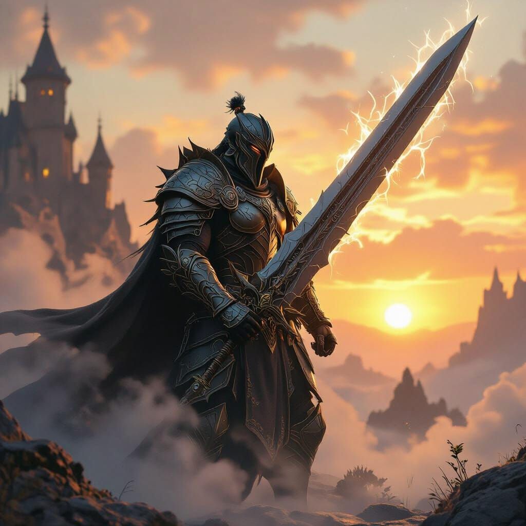 Dragonborn Warrior with Greatsword at Sunset