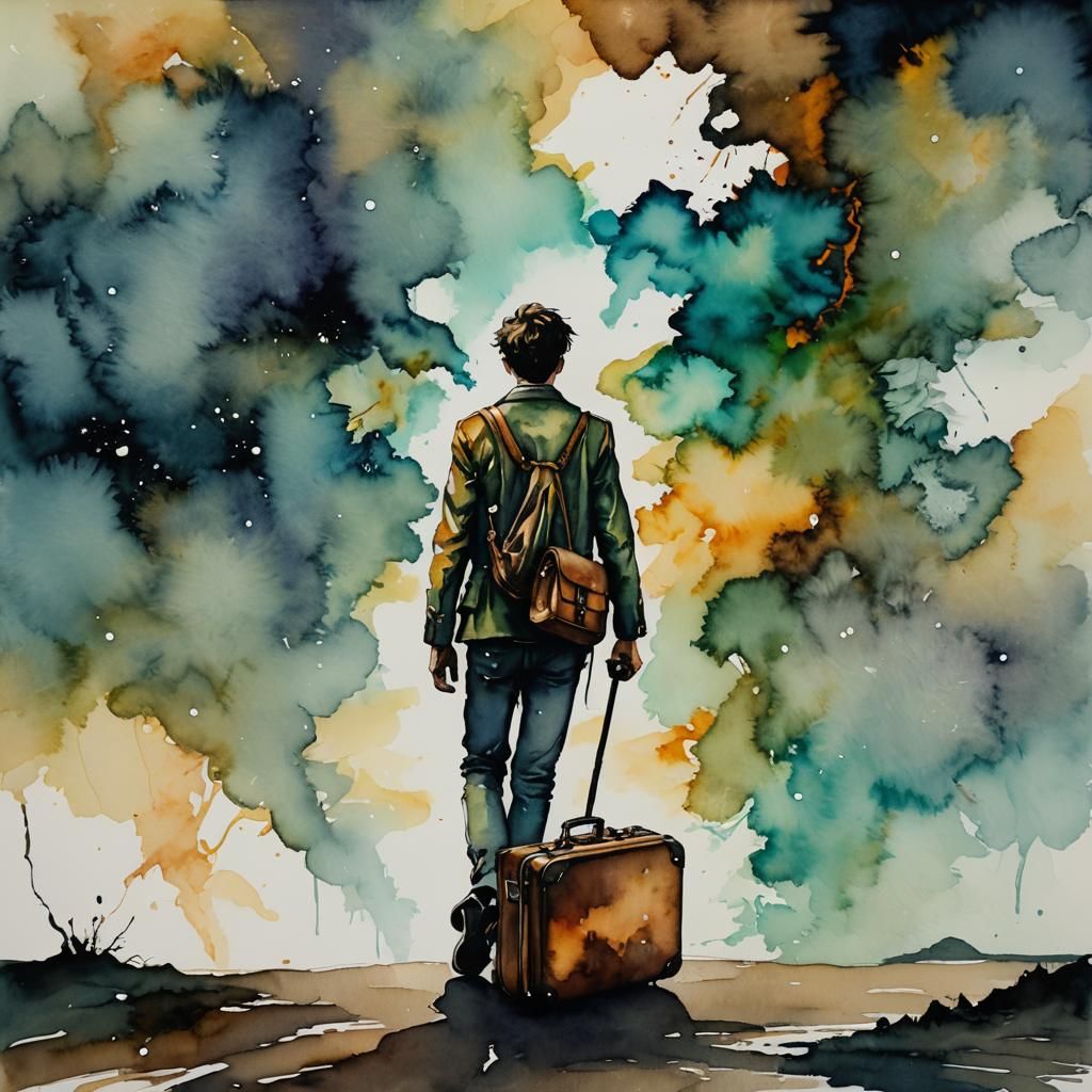 Lonely Traveler Departs in Alcohol Ink Painting