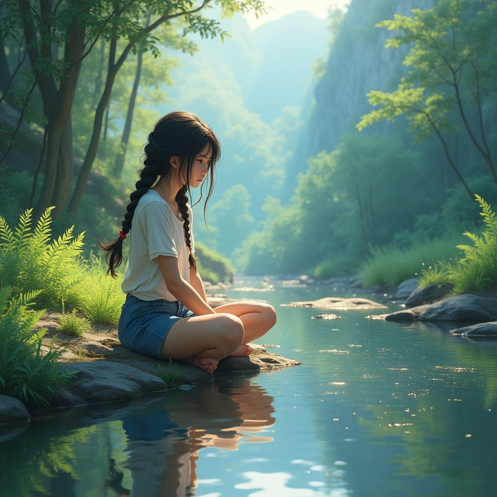 Braided Woman Reflecting by Mountain Stream in Digital Art