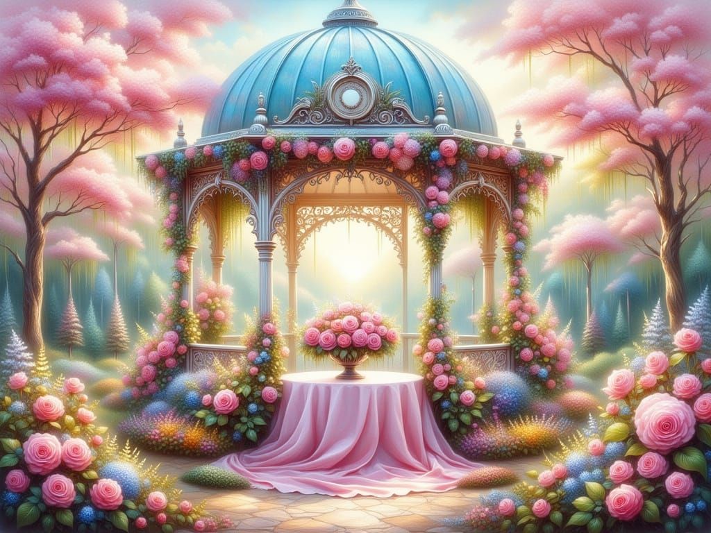 Whimsical Garden Gazebo in Impasto Oil Painting Style
