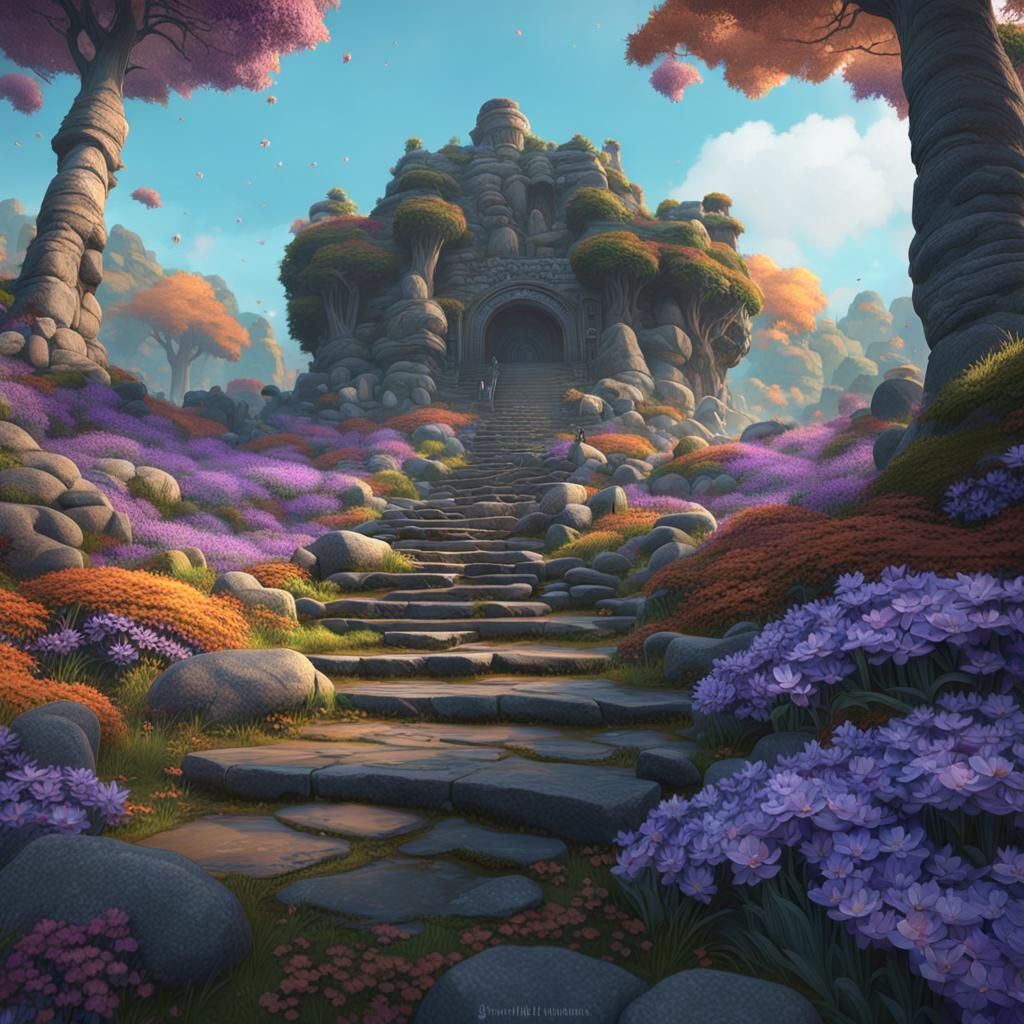 Hyperdetailed Forest Hill with Purple Flowers