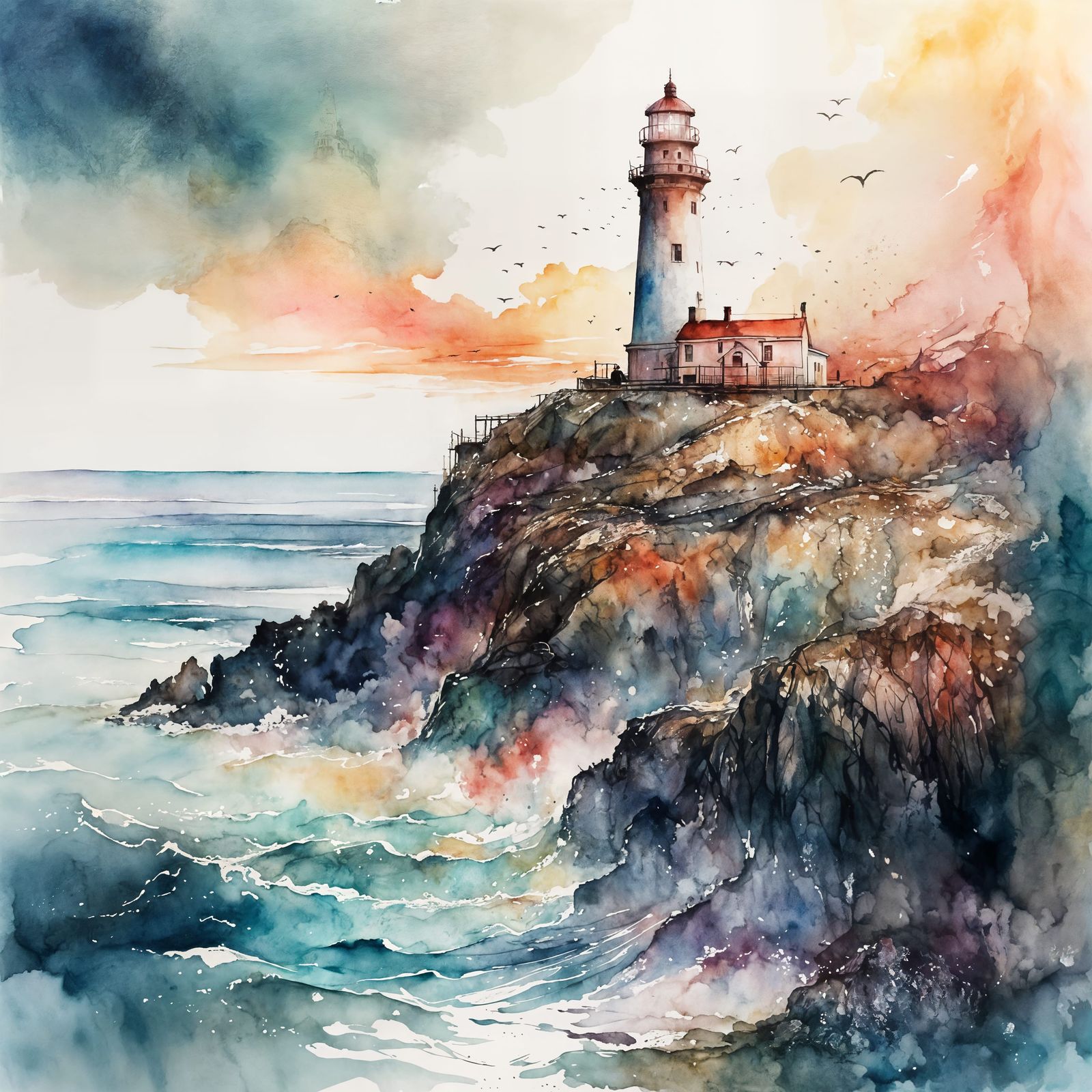 Pastel Lighthouse Oceanscape in Epic Watercolor Style