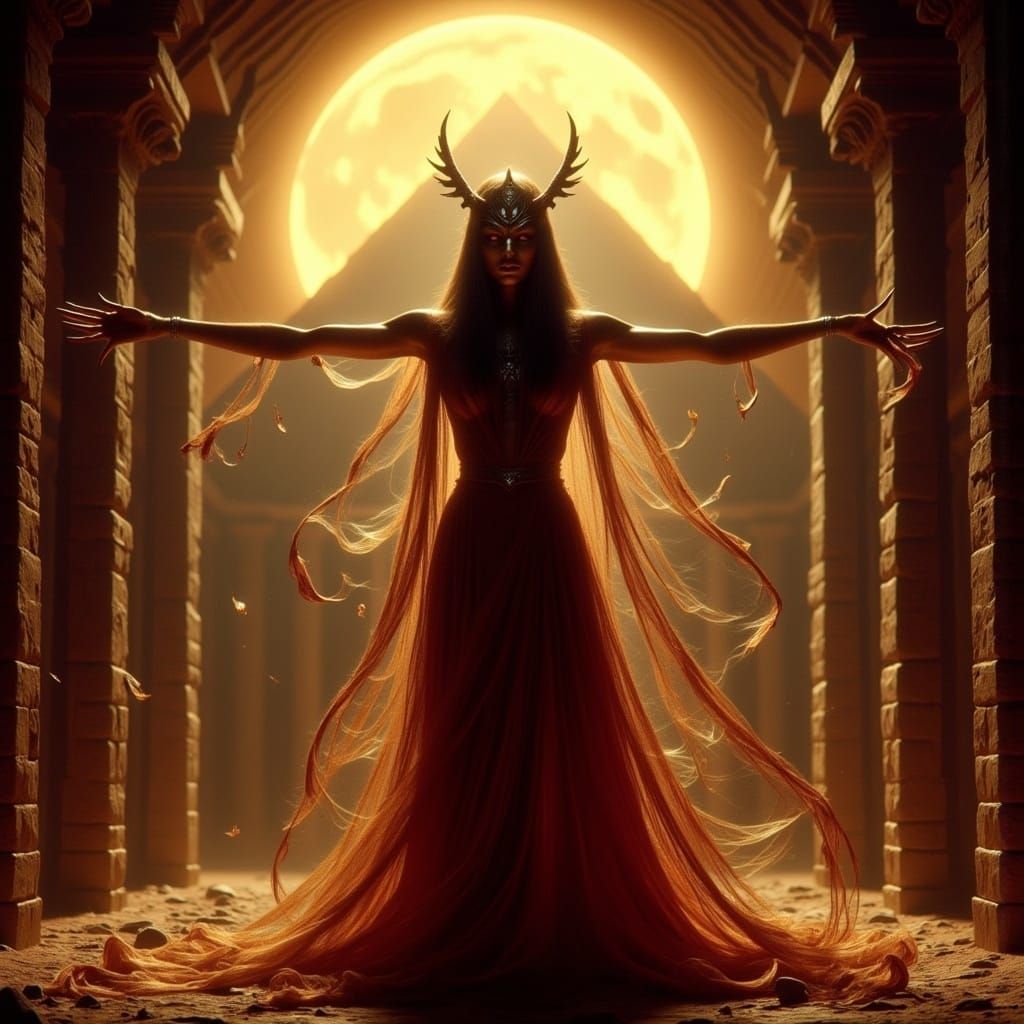 Ethereal Egyptian Priestess Amidst Ancient Pyramid Ruins