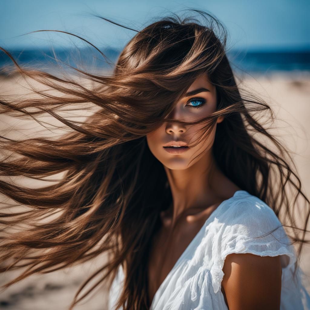 Sensual Brunette on a Windy Beach