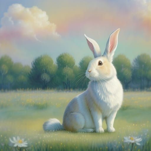 Watercolor Rabbit in Ethereal Clouds