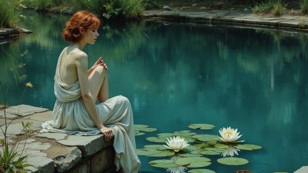 Melancholic Woman Overlooking Still Pond, Early 20th Century...