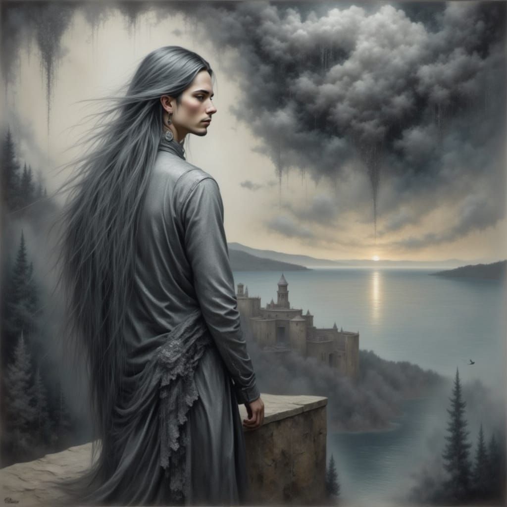 Ethereal Renaissance Figure Contemplates Gloomy Sea