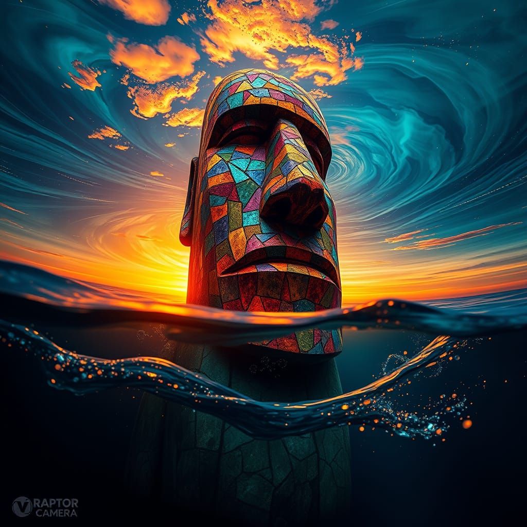 Majestic Moai Statue Submerged in Oceanic Sunset