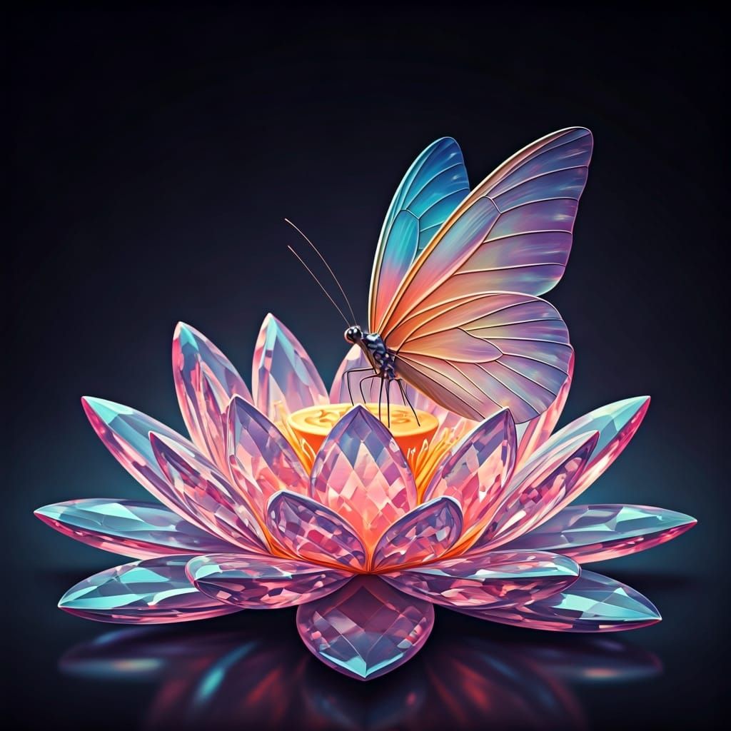 Luminous Butterfly on Crystal Lotus Flower