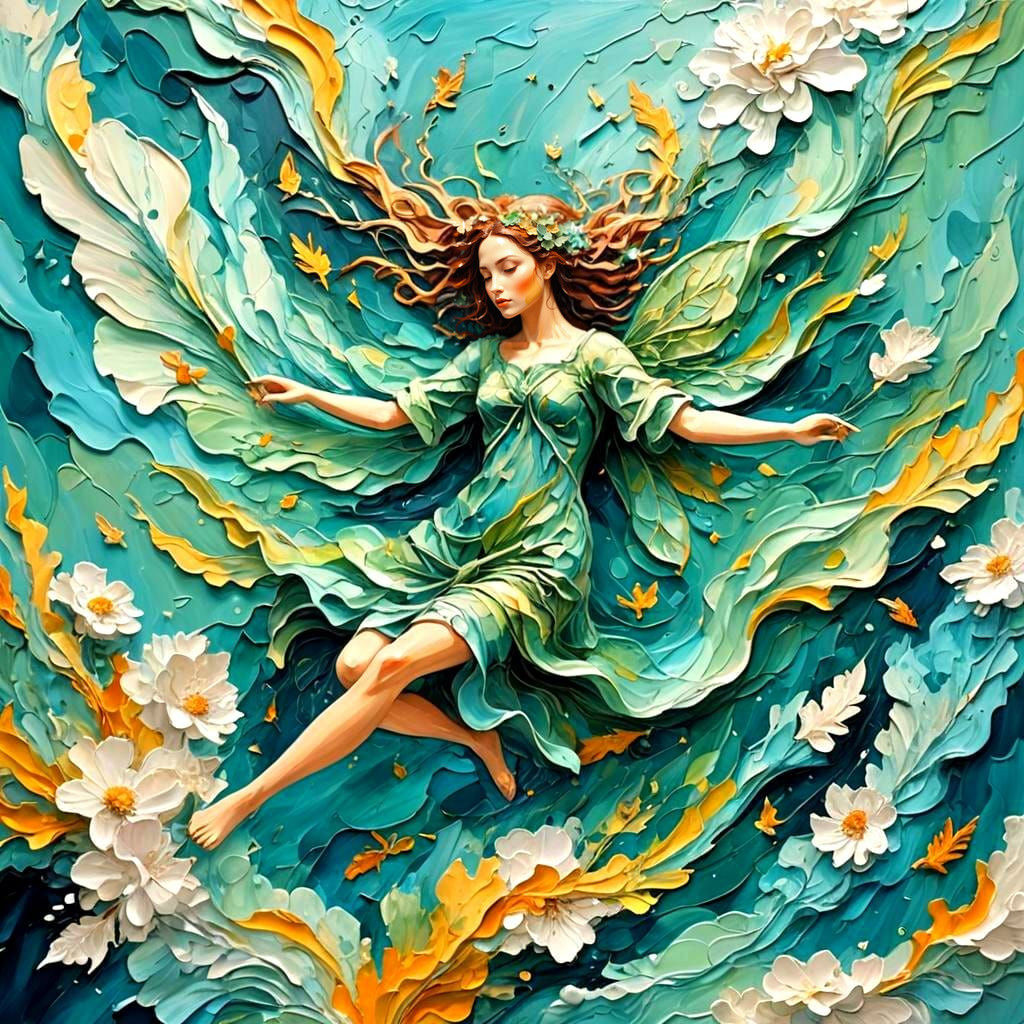 Air Nymph Floating in Heaven as Impasto Painting