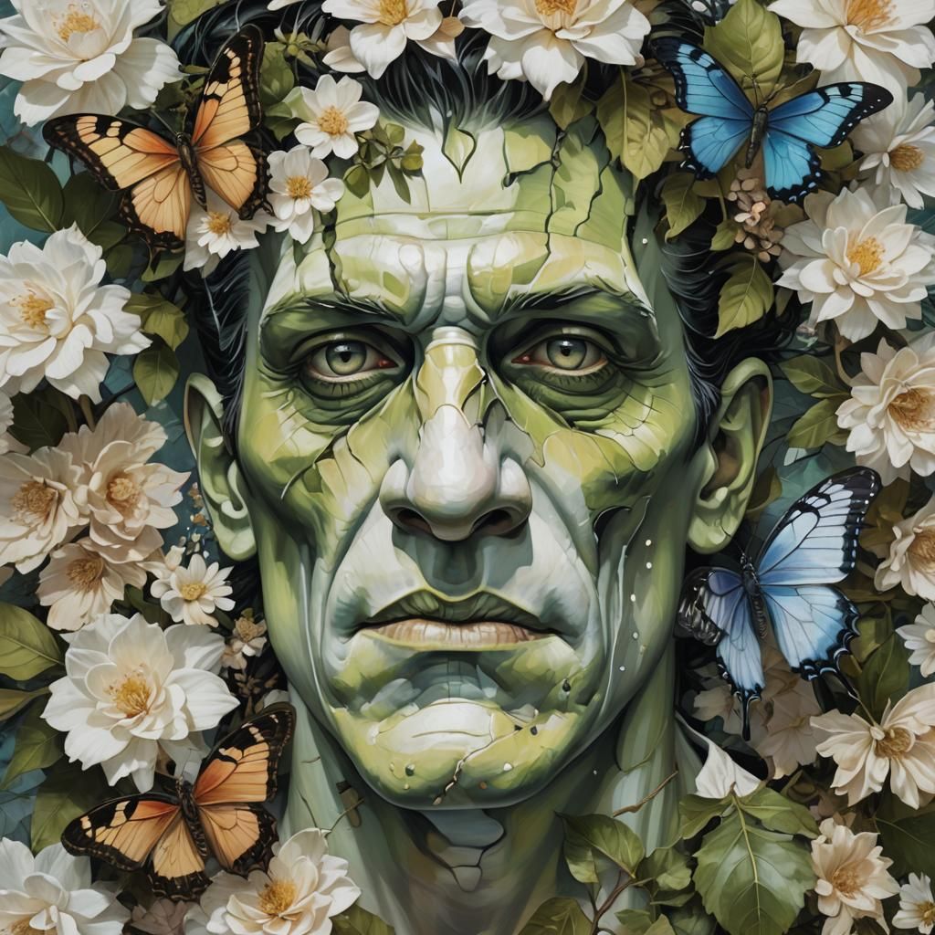 Surreal Frankenstein Portrait in Photorealistic Oil Painting...