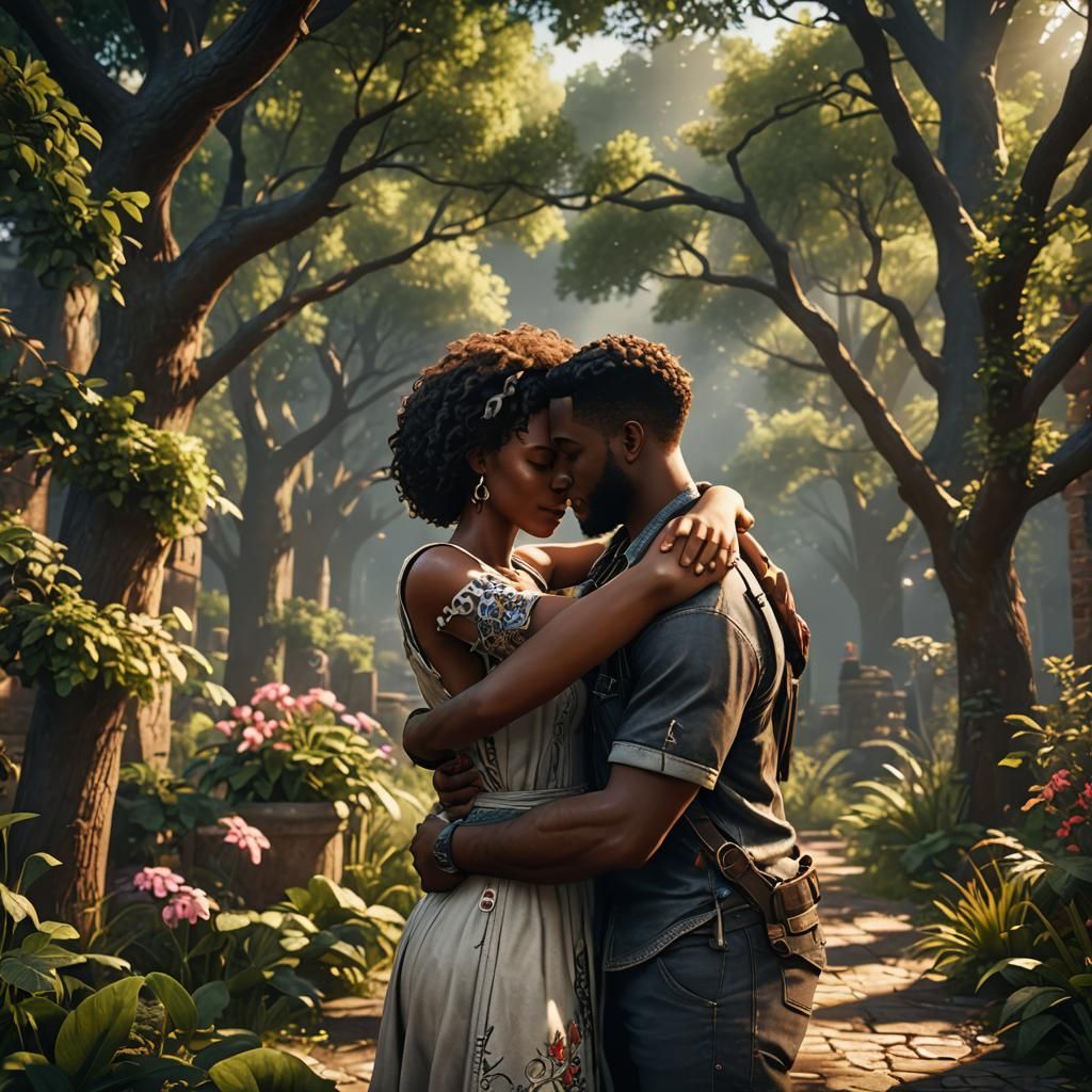 Black Couple Embrace: 3D Game Cinematic Graphics