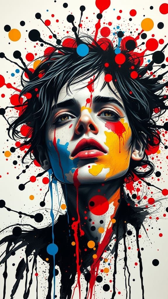 Expressive Ink Splatter Portrait in Action Painting Style