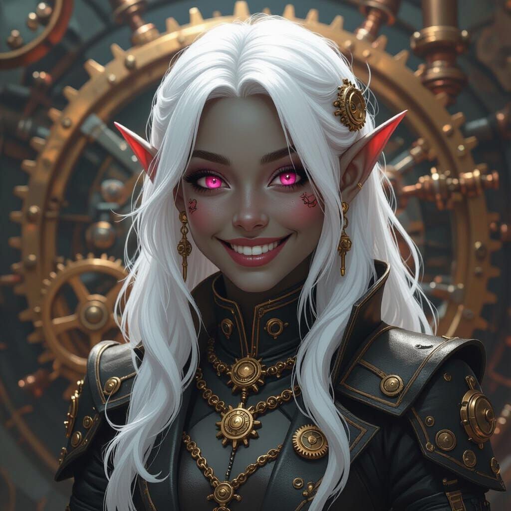 Steampunk Drow Elf with Gears and Steampunk Engine