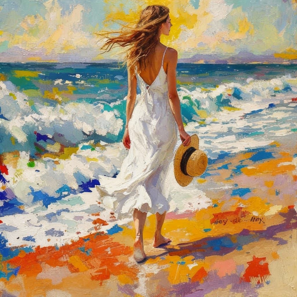 Woman on Beach in Impressionist Oil Painting Style