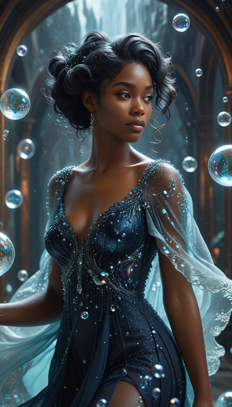 Ethereal Black Woman with Landscape Bubbles in Azure Gown