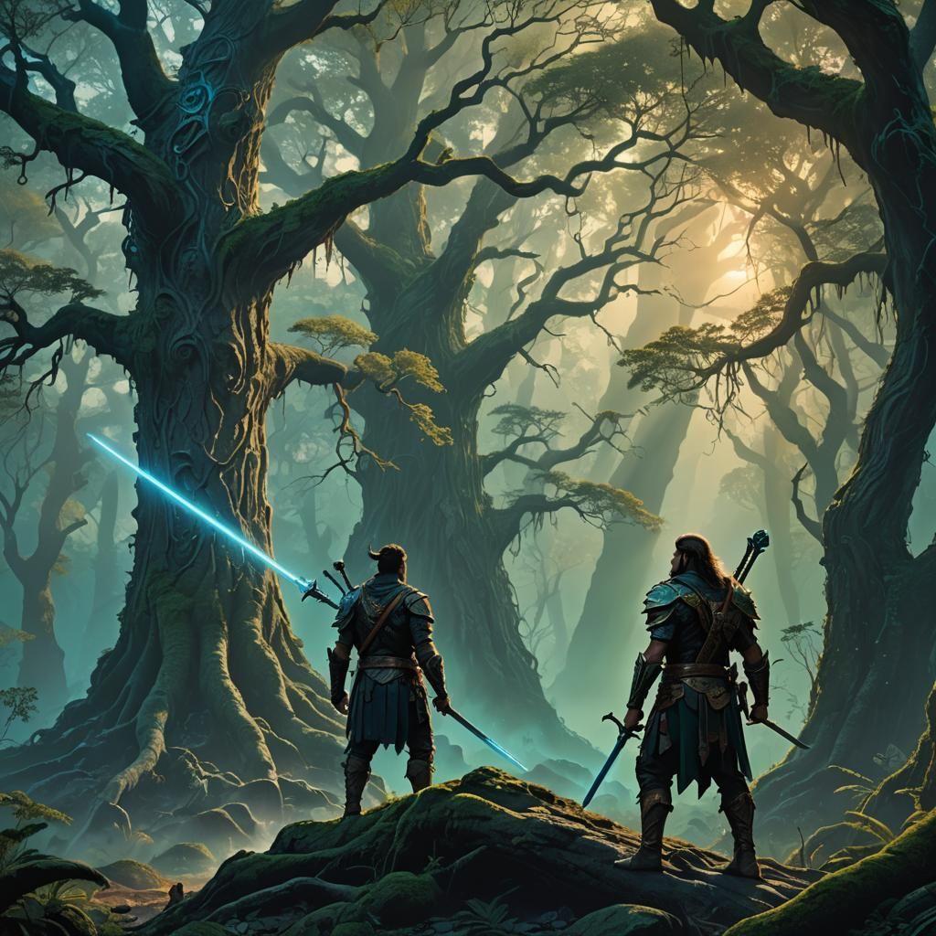 Brave Warrior at Mystical Forest Edge in Fantasy Art