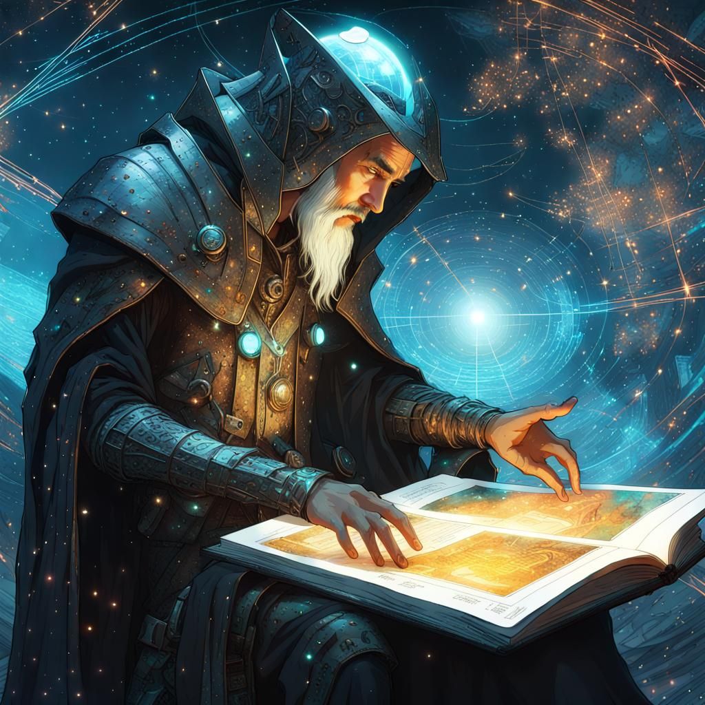 Cyberpunk Android Wizard Merlin in Starry Space