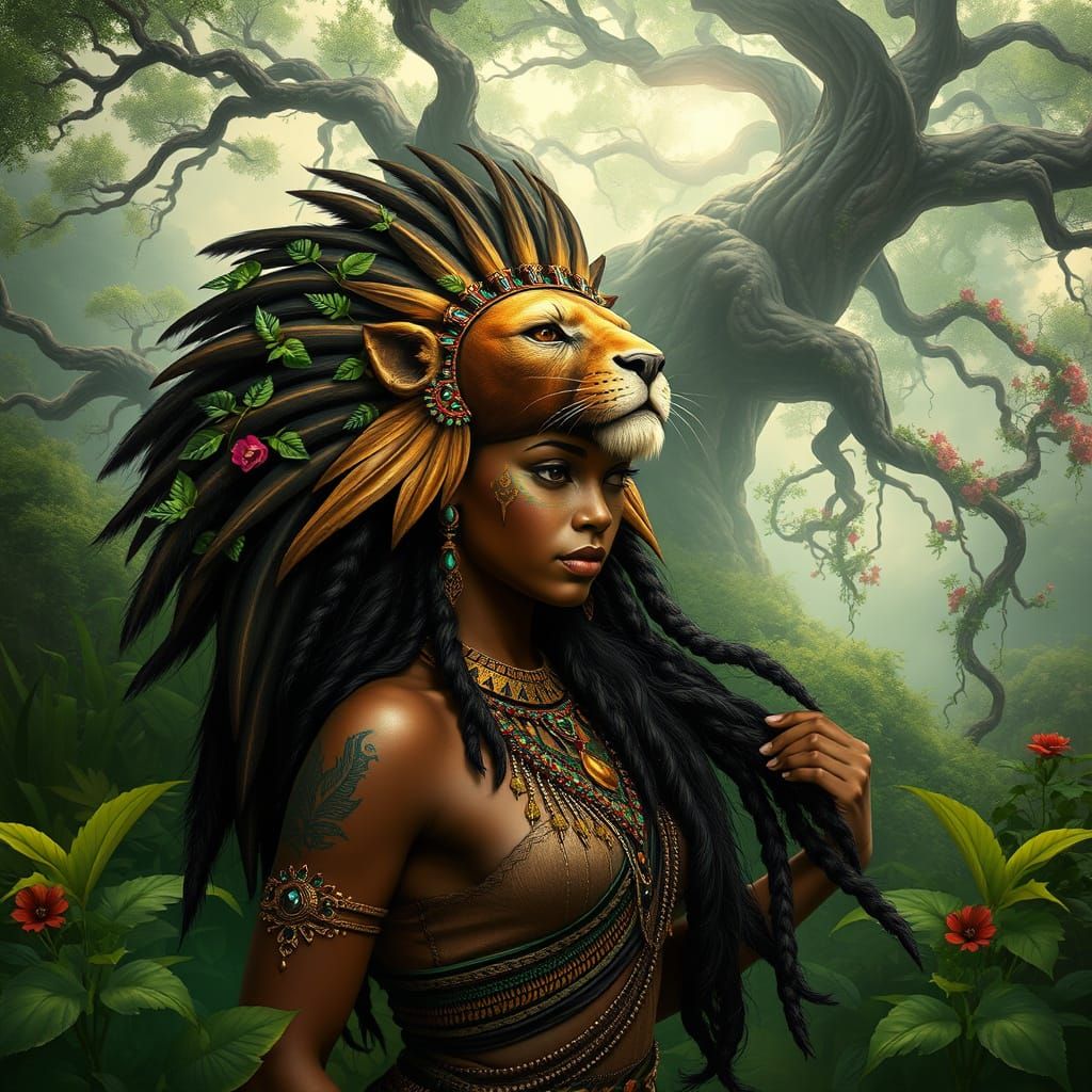 Regal African Warrior Woman in Lush, Emerald Landscape
