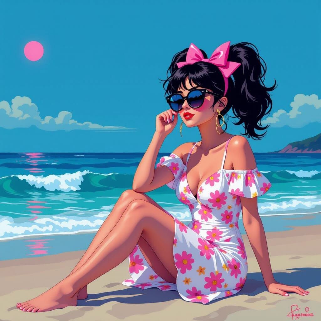 Sassy Lady on Beach in Takashi Murakami Style