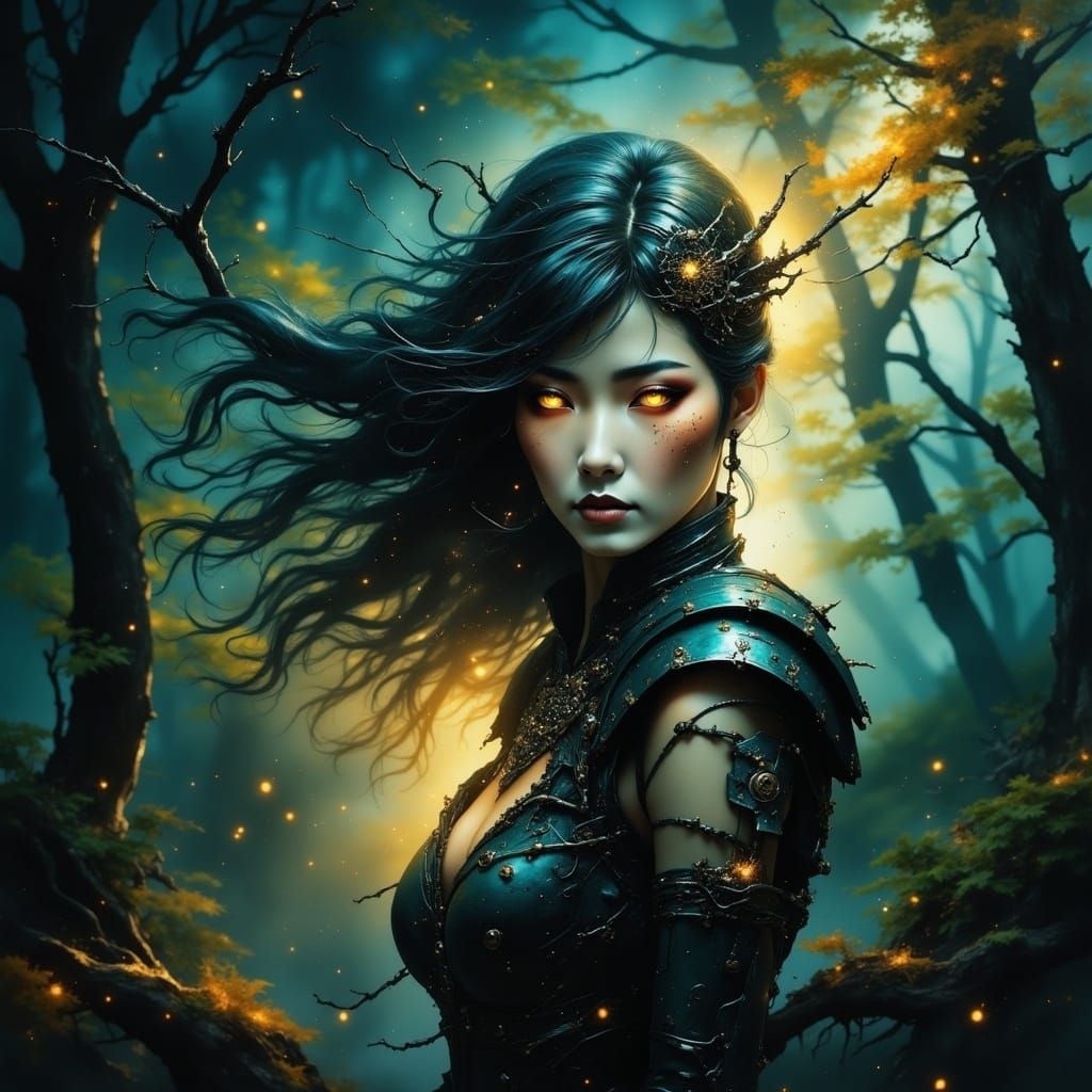 Cyborg Lights Magical Forest, Watercolor Ink Art