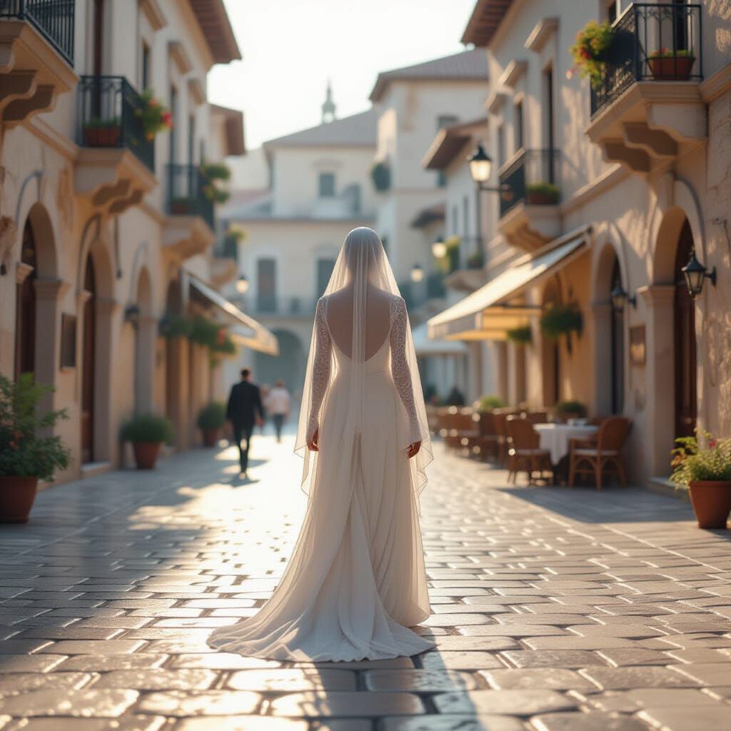 Ethereal Figure in Sunlit Mediterranean City Square