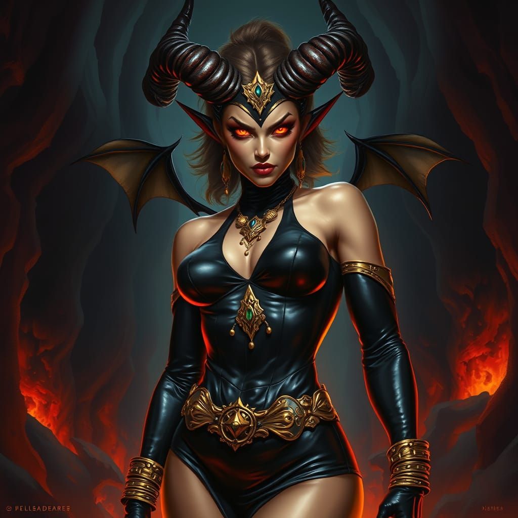 Demon Woman in Black Latex and Gold Jewelry