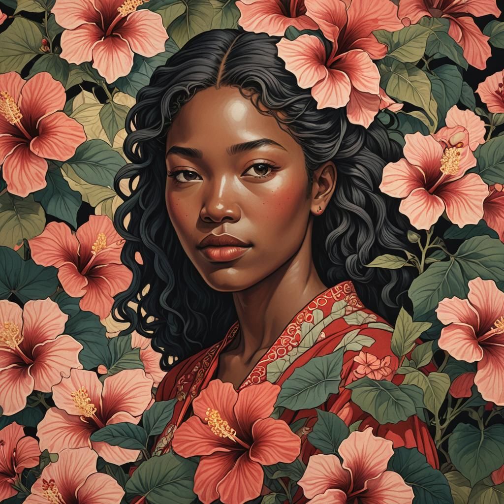 Black Woman Surrounded by Hibiscus in Ukiyo-e Style
