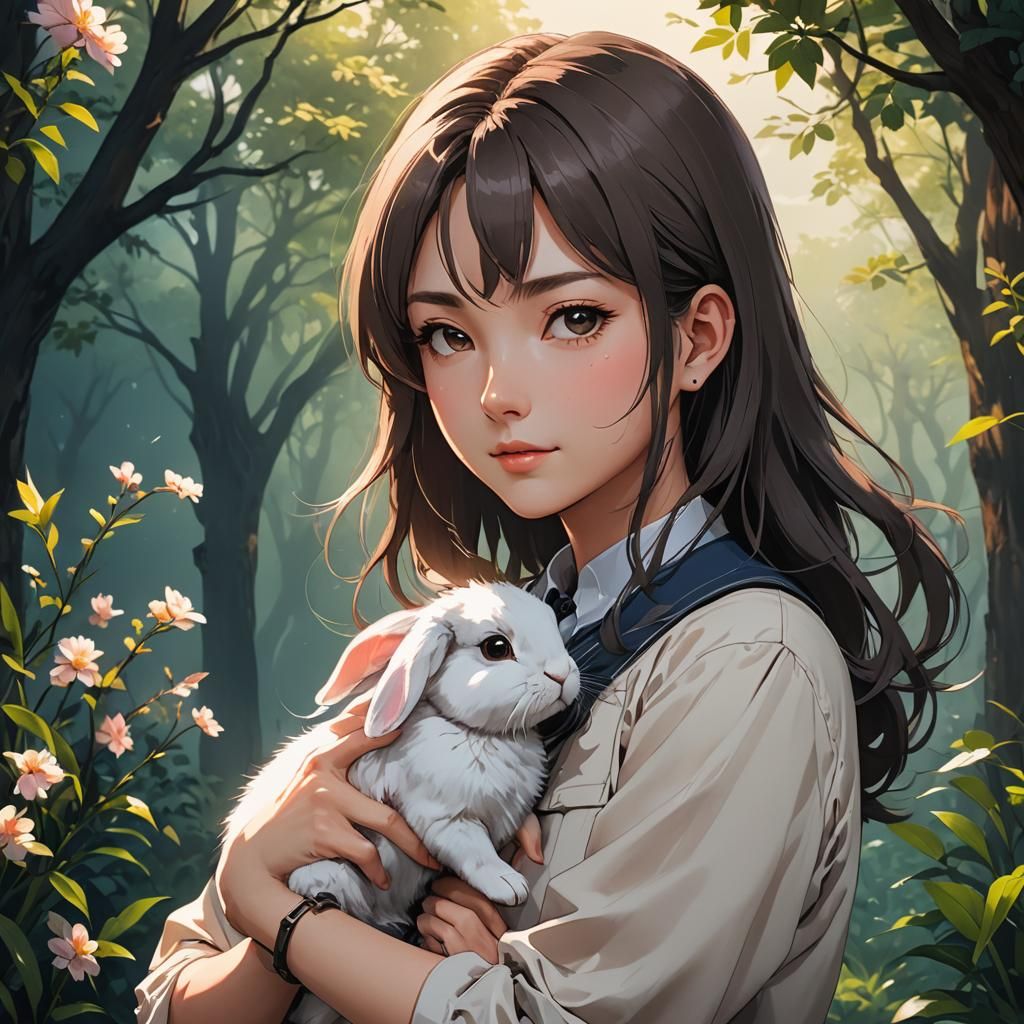 Anime Woman with Rabbit in Cel-Shaded Style