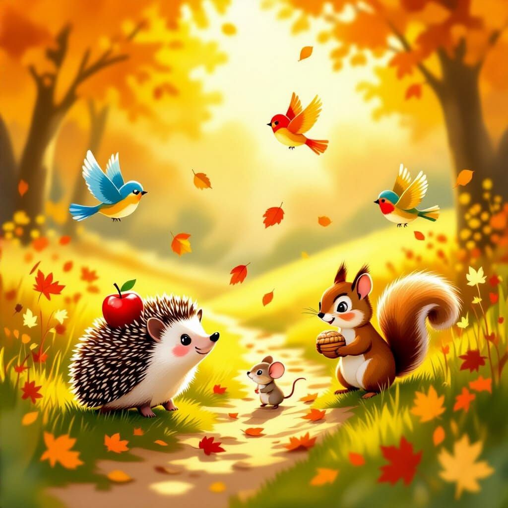 Golden Autumn Meadow Path with Animals