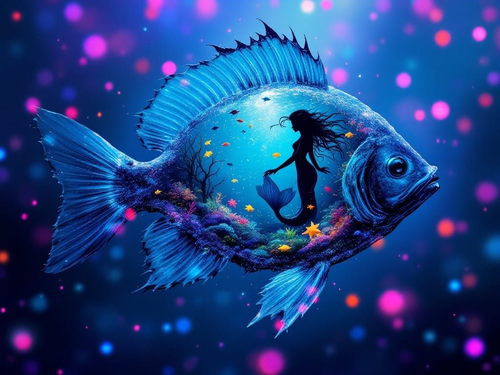 Surreal Underwater Scene with Dark Goth Mermaid in Glitterin...