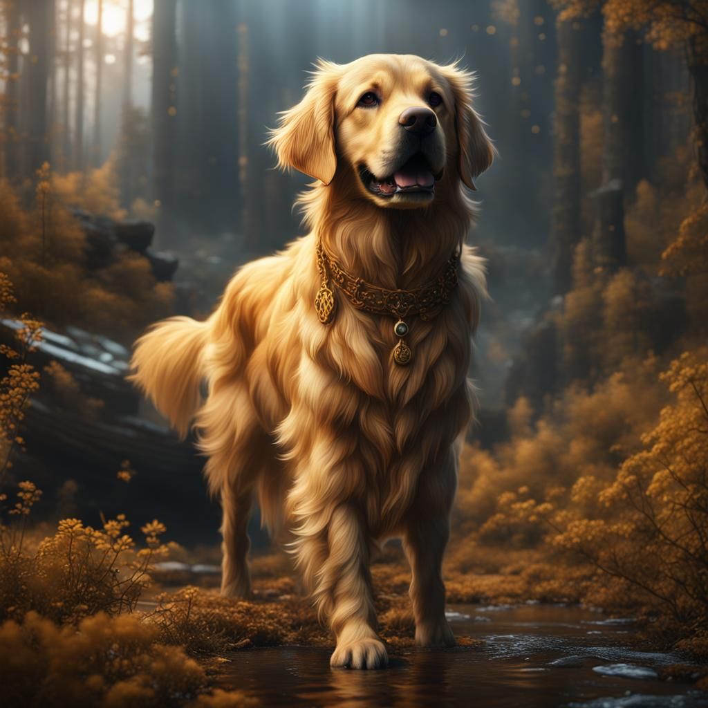 Detailed Golden Retriever Fantasy Concept Art