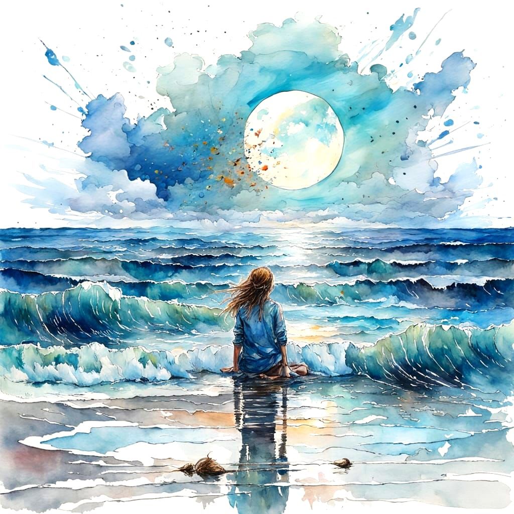 Ocean Reflecting Sun and Moon in Impasto Watercolour
