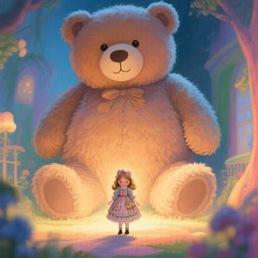 Giant Fluffy Teddy Bear Dwarfs Tiny Doll in Storybook Style