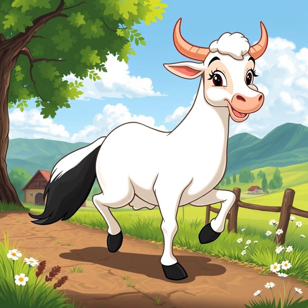 Cartoon Sheep Escaping in Rural Landscape