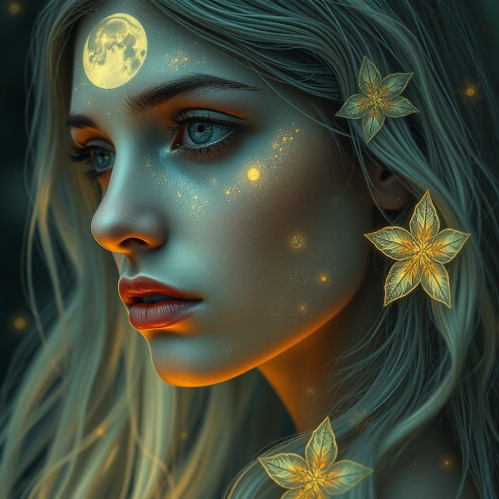 Ethereal Woman with Bioluminescent Flowers in Art Nouveau St...