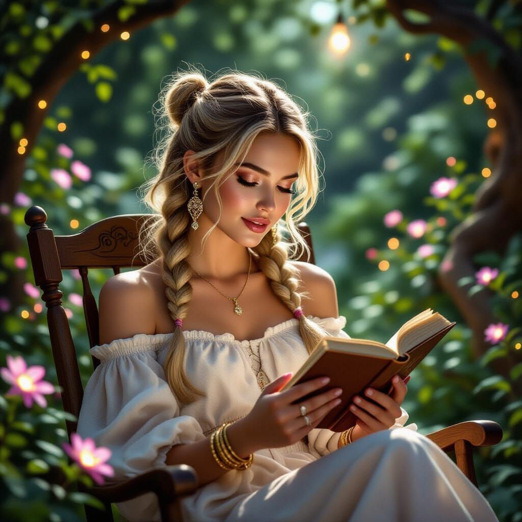 Joyful Woman Reading in a Magical Night Garden
