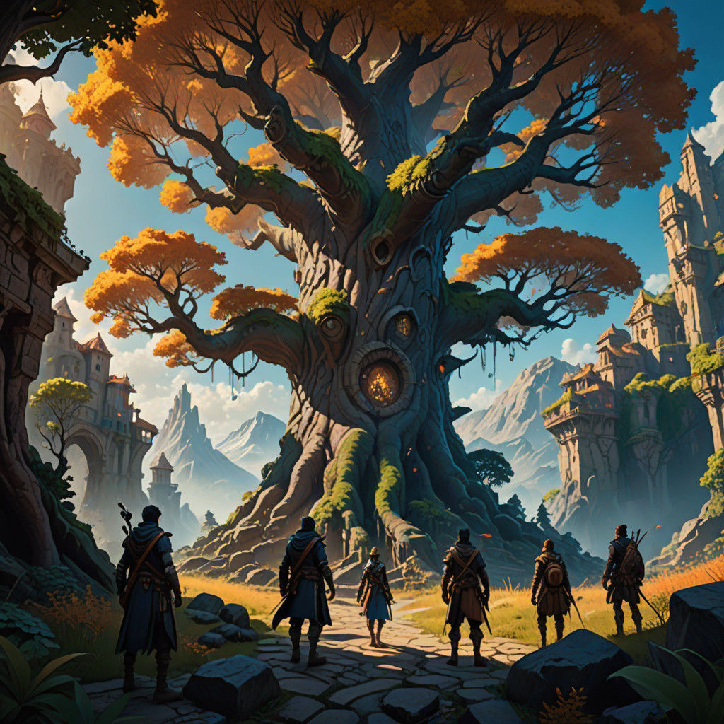 Epic Fantasy Warriors Stand Before Ancient Tree in Vibrant,....