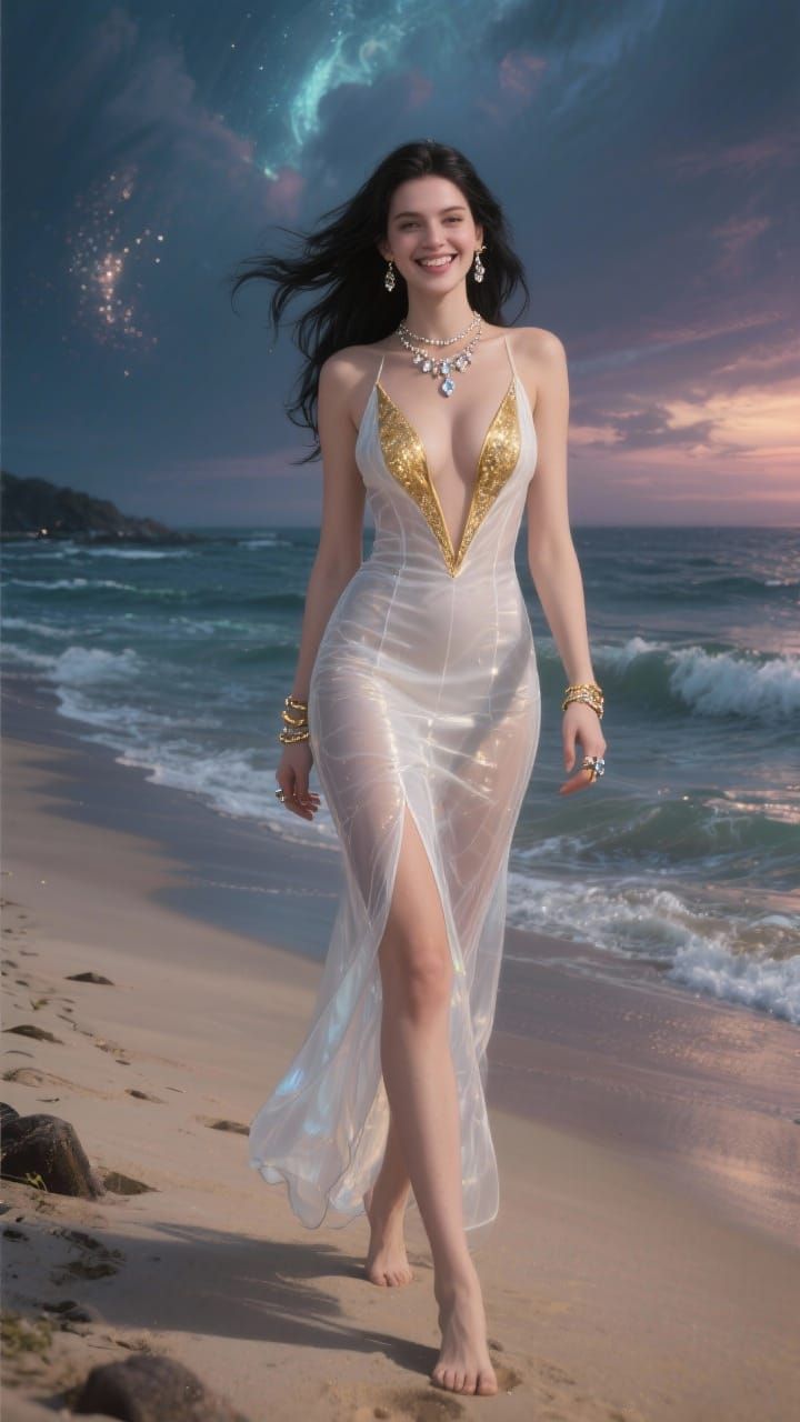 Elegant Woman on Beach in Flowing Dress